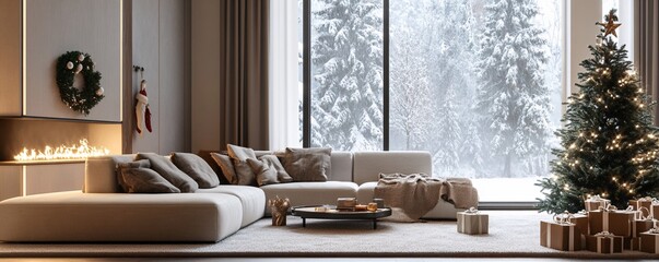 Cozy christmas interior with fireplace, christmas tree and gifts in front of large window showing snowy forest