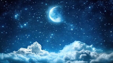 Starry Night Sky with Clouds and Bright Moon