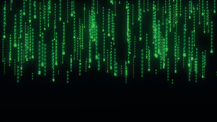 Binary code with numbers moving on the screen. Digital age. Binary algorithm, data code, decryption and encoding. Matrix background of numbers. 3D vector illustration