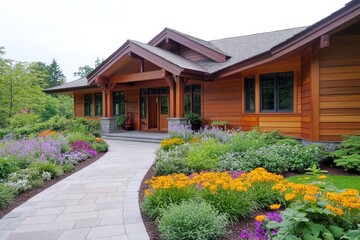 A beautiful wooden house with a vibrant garden, showcasing colorful flowers and lush greenery