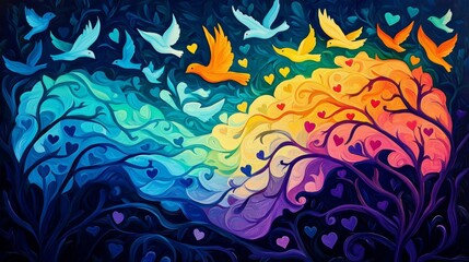A vibrant illustration of colorful birds flying amidst abstract trees and hearts, symbolizing love and freedom.