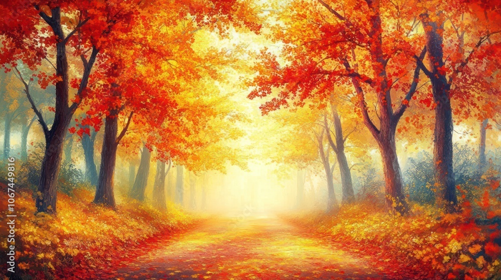 Poster a path through a misty autumn forest with vibrant red and orange leaves on the trees and on the grou