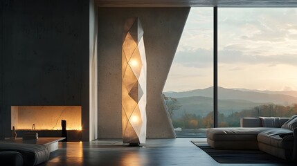 Stylish Geometric Floor Lamp in a Minimalist Living Room Cool White Light Adding a Futuristic Touch