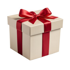 Brown Kraft Gift Box with Red Ribbon on Transparent PNG Background.  