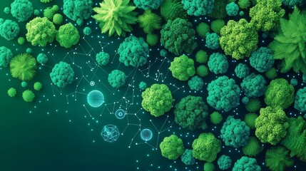 Vibrant green abstract forest with trees, plants, and a digital network. Ideal for nature and technology concepts.