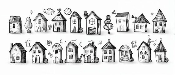 The image displays a variety of stylized house designs, each with unique features and shapes, set against a light background.