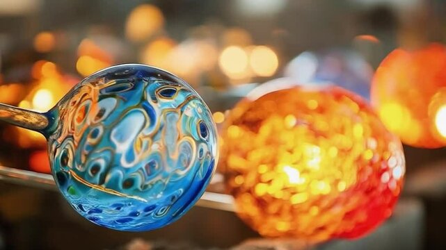 Glassblower shaping molten glass into sphere at workshop