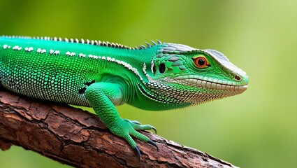 Fototapeta premium Close-Up Photograph of a Vibrant Green Basilisk Lizard on Tree Branch