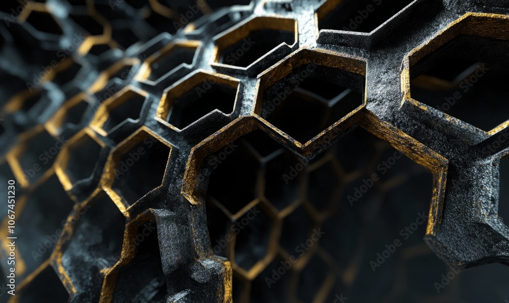 Aufkleber close-up of a honeycomb structure showcasing intricate geometric patterns against a dark background.
