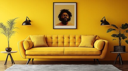 Bright living room featuring a beige sofa with yellow pillows and side tables, accentuated by a vibrant yellow wall and poster frame.