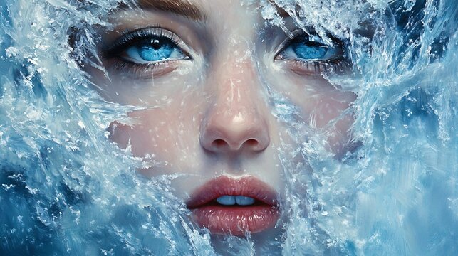 Frozen beauty emerging from ice crystals with intense blue eyes