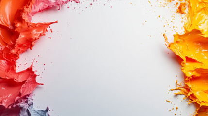 Colorful paint splatters on a white background, a vibrant abstract design.