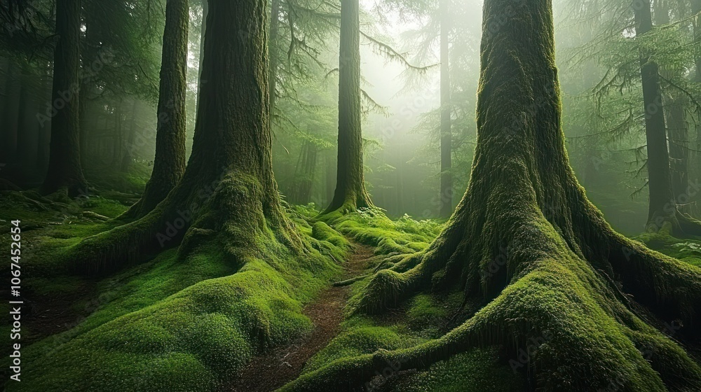 Poster a path through a misty forest with tall trees and moss covered ground.