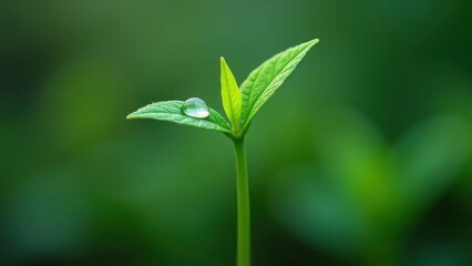 Macro new green sprout with drops of dew on it, seedling growing on green blurred background, new life concept