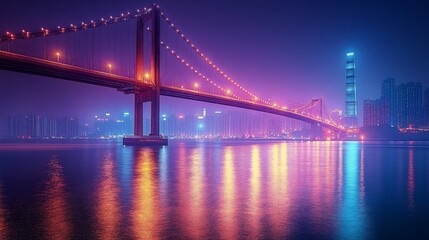 Naklejka premium A suspension bridge illuminated by neon lights spans a river, with a cityscape in the background.