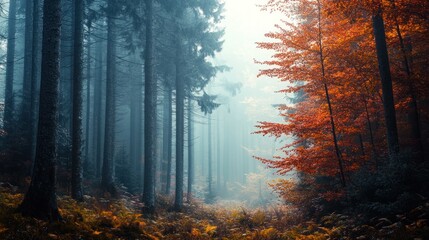 Obraz premium A misty forest path with tall trees on one side and colorful autumn foliage on the other.