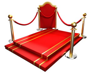 Red carpet on stairs with red ropes on golden stanchions
