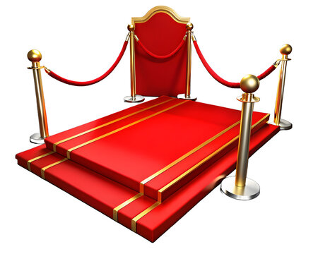 Red carpet on stairs with red ropes on golden stanchions