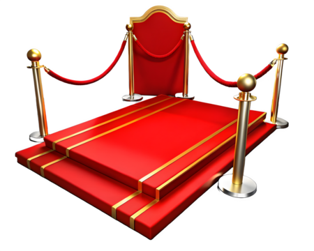 Red carpet on stairs with red ropes on golden stanchions