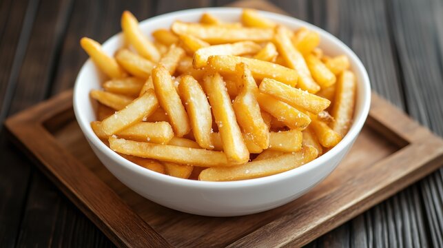 Freshly prepared golden French fries served in a white bowl on a wooden tray for an inviting snack experience