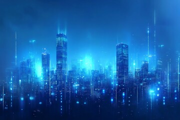 Obraz premium Futuristic city skyline illuminated at night, showcasing sound waves and data visualizations in a blue color theme. AI generated illustration