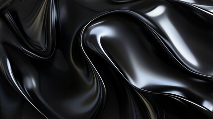 Elegant black fabric drapes gracefully, showcasing smooth, shiny textures and flowing waves under soft lighting in a minimalist setting