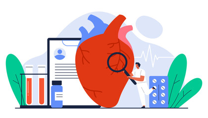 Cardiology concept.Сardiologist doctor with magnifying glass check up human heart organ. Cardiovascular disease, healthcare, treatment. Isolated vector illustration in cartoon style