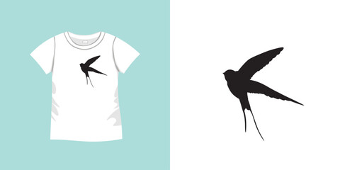 T-shirt with bird pattern. Women jersey, sport uniform kit, short fashion top, round neck blouse. Sketch Illustration. Template mock up
