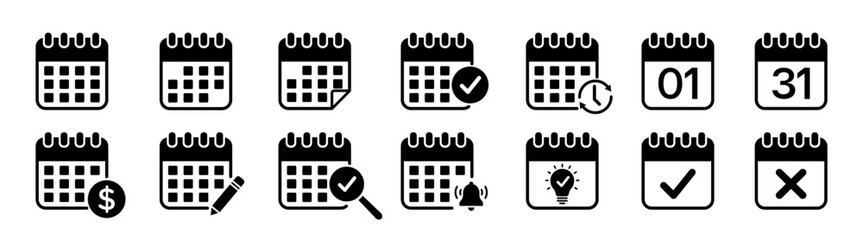 Calendar icon set. Schedule icon symbol. Containing date, schedule, month, week, appointment, agenda, organization and event icons.
