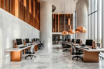 Modern open-space office interior with marble floor and panoramic windows. AI generated illustration