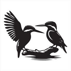 A silhouette of a kingfisher perched on a branch in black and white