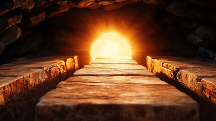Fototapeta premium A wooden path leads into a bright, unknown future, symbolizing hope and new beginnings.