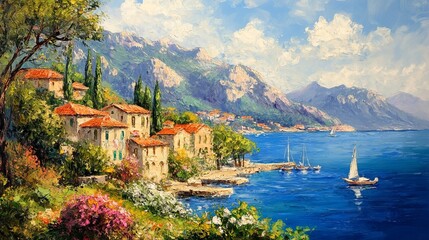 Mediterranean village by the sea with mountains and boats. AI generated illustration.