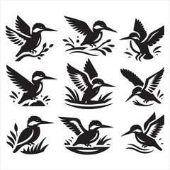 An assortment of birds and a bird-adorned twig