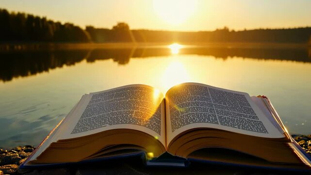 Open book on a quiet lake shore at sunset with golden reflections of light, book of life bible