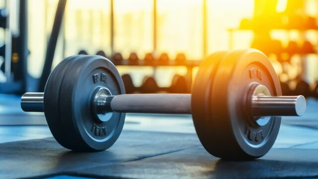 Black barbell with weights is lying on a black mat on the floor of a fitness center, illuminated by warm sunlight, promoting a healthy and active lifestyle