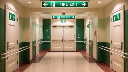 Fire exit signs and directional indicators in a well-lit corridor
