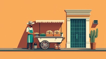 Obraz premium A vibrant street scene features a vendor cart selling bread, with a person in an apron, a lush cactus nearby, and a bright orange wall backdrop.