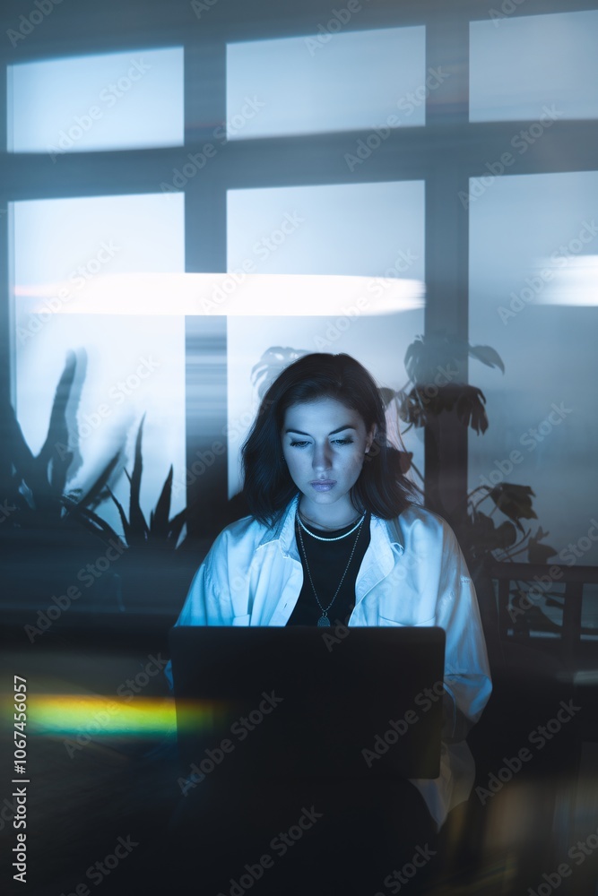 Aufkleber night owl coder: focused young woman programmer working late on laptop in dimly lit office. cyberpun