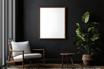 Blank poster frame mock up in room interior, contemporary design, in dark color palette.