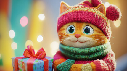 Festive cartoon cat in cozy winter attire with holiday gift box for christmas card design