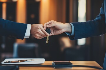 Hand of businessman Smiling car salesman handing over your new car keys, dealership and sales gives the car key concept

