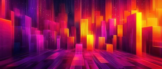 Fototapeta premium Abstract vibrant cityscape with colorful vertical shapes on dark background.