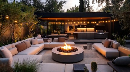 Upscale Outdoor Living Area with Seating and Fire Pit at Dusk. AI generated illustration