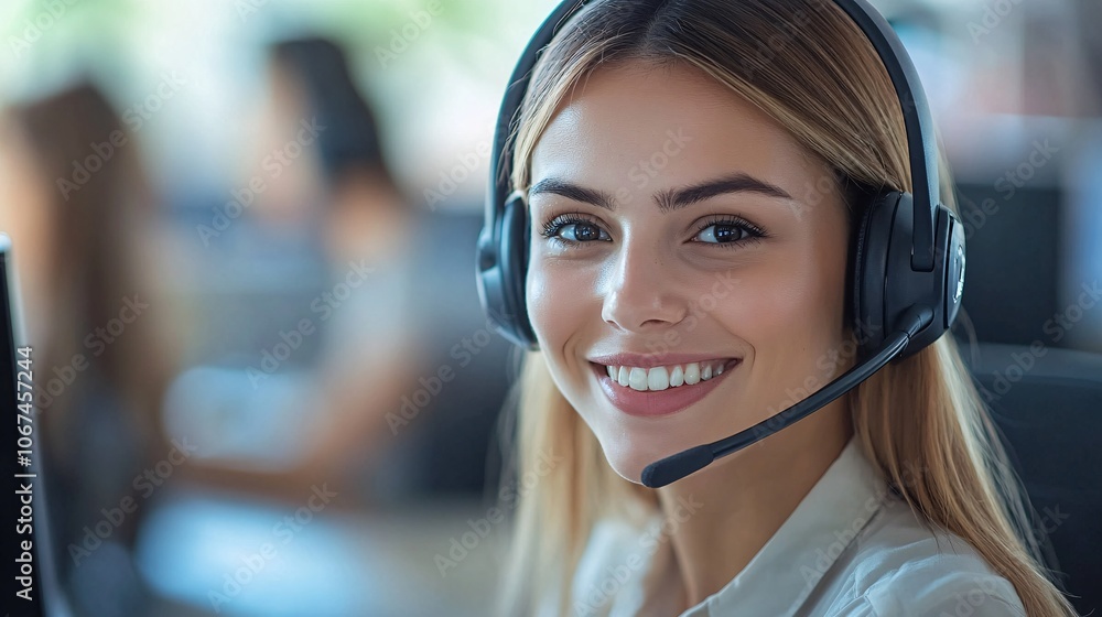 Poster Smiling customer service representative working in call center