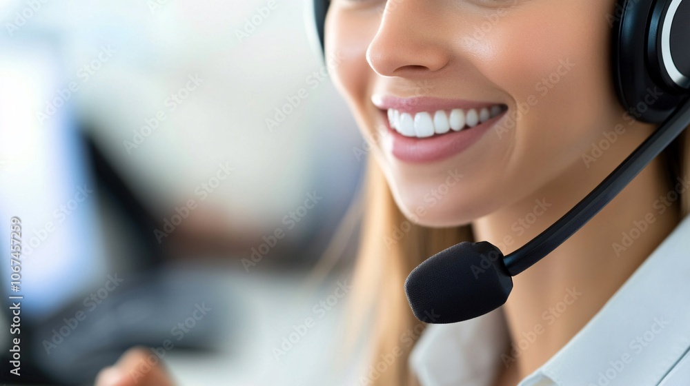 Poster Close-up of friendly customer service representative smiling while using headset