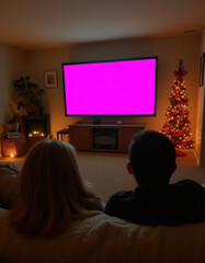 A couple cozily watches TV from their couch Mockup Blank Screen, basking in the warm glow of Christmas lights that fill the room with festive spirit.