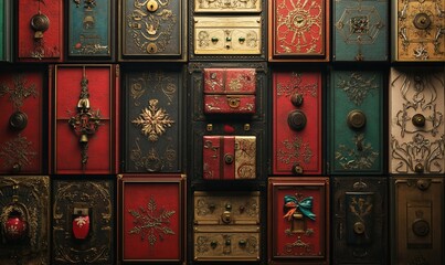 Detailed texture of an Advent calendar, with each door featuring intricate designs and festive colors