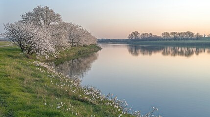 Tranquil river scene with blooming cherry trees and a peaceful sunrise reflection.