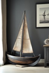 Large wooden model sailboat stands on floor in corner of room